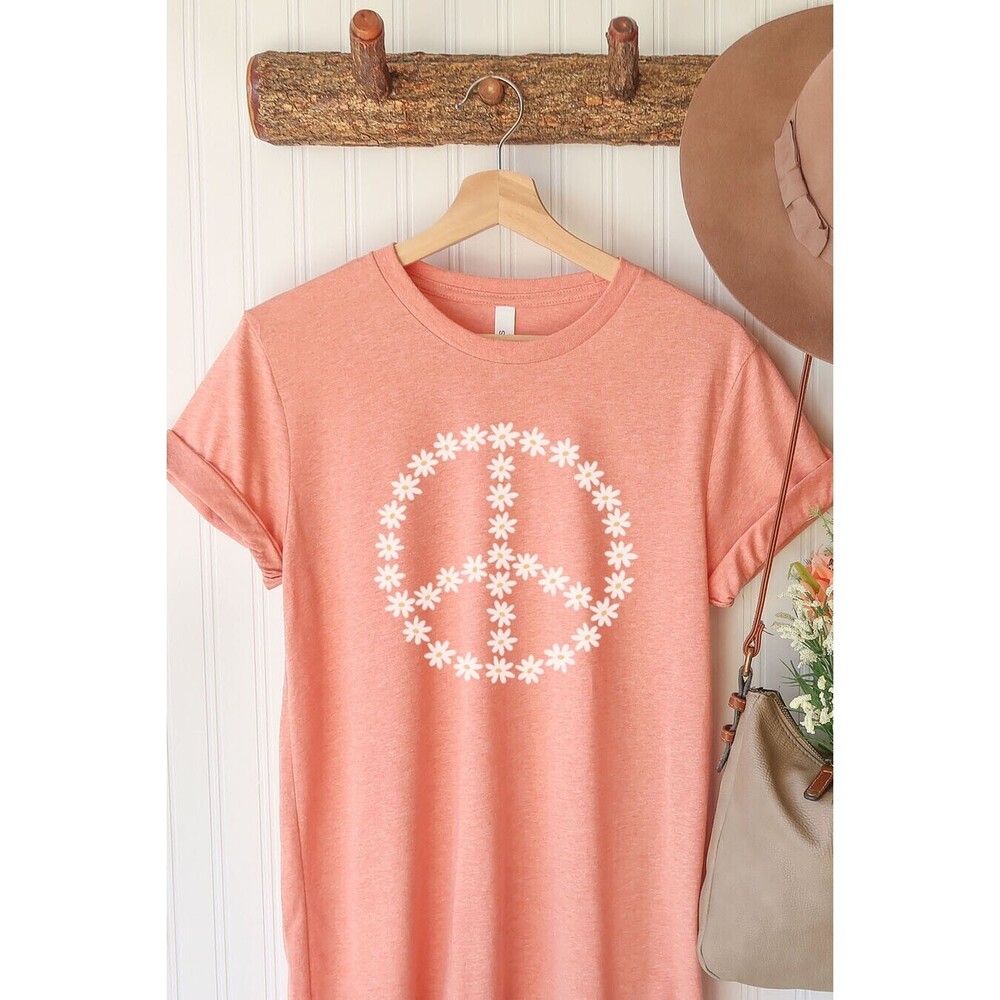 HTA076d HS Honey Tee Daisy Peace Sign Graphic Tee Heather Sunset Var Sizes